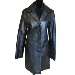 Kenneth Cole Reaction Genuine Leather Black Coat Long Jacket Small/Medium